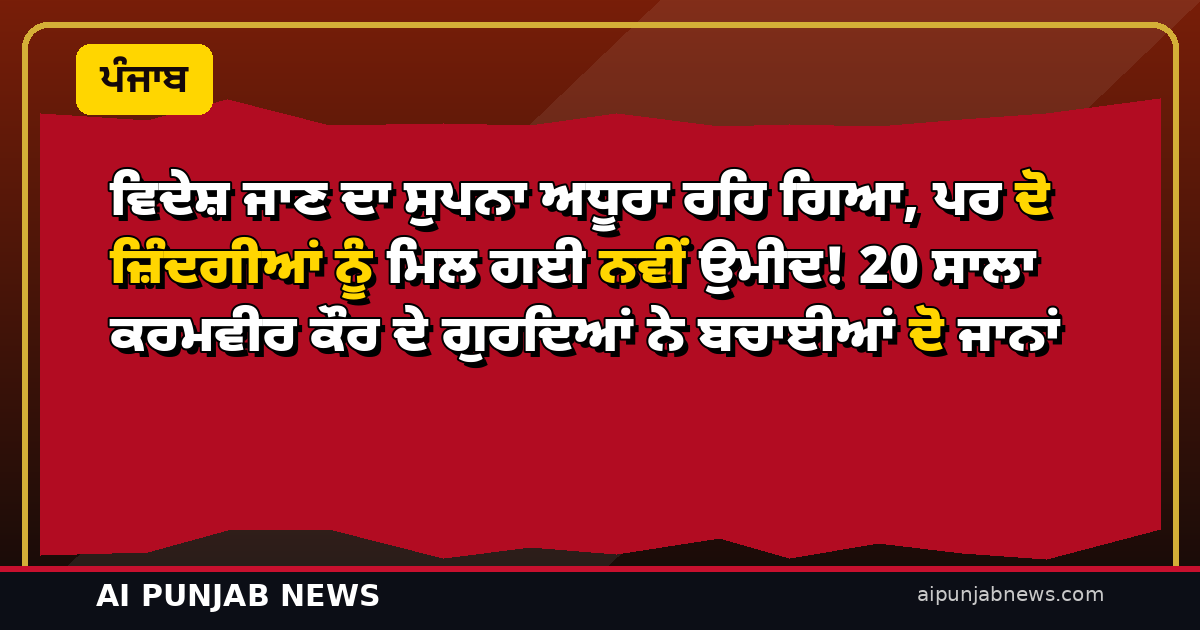 ਵਿਦੇਸ਼ ਜਾਣ ਦਾ ਸੁਪਨਾ ਅਧੂਰਾ ਰਹਿ ਗਿਆ, ਪਰ ਦੋ ਜ਼ਿੰਦਗੀਆਂ ਨੂੰ ਮਿਲ ਗਈ ਨਵੀਂ ਉਮੀਦ! 20 ਸਾਲਾ ਕਰਮਵੀਰ ਕੌਰ ਦੇ ਗੁਰਦਿਆਂ ਨੇ ਬਚਾਈਆਂ ਦੋ ਜਾਨਾਂ