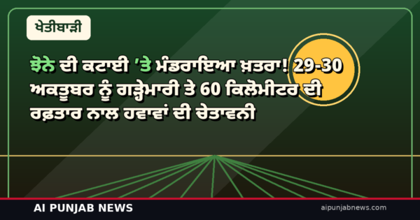 ਝੋਨੇ ਦੀ ਕਟਾਈ ’ਤੇ ਮੰਡਰਾਇਆ ਖ਼ਤਰਾ! 29-30 ਅਕਤੂਬਰ ਨੂੰ ਗੜ੍ਹੇਮਾਰੀ ਤੇ 60 ਕਿਲੋਮੀਟਰ ਦੀ ਰਫ਼ਤਾਰ ਨਾਲ ਹਵਾਵਾਂ ਦੀ ਚੇਤਾਵਨੀ
