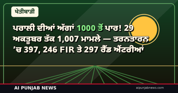 ਪਰਾਲੀ ਦੀਆਂ ਅੱਗਾਂ 1000 ਤੋਂ ਪਾਰ! 29 ਅਕਤੂਬਰ ਤੱਕ 1,007 ਮਾਮਲੇ — ਤਰਨਤਾਰਨ ’ਚ 397, 246 FIR ਤੇ 297 ਰੈੱਡ ਐਂਟਰੀਆਂ