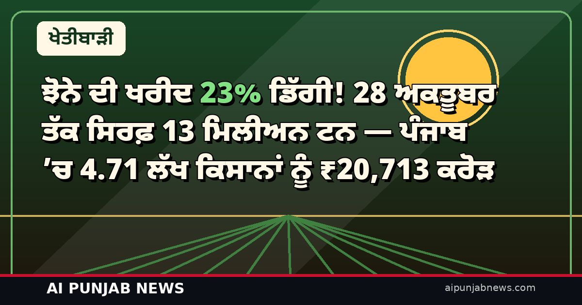 ਝੋਨੇ ਦੀ ਖਰੀਦ 23% ਡਿੱਗੀ! 28 ਅਕਤੂਬਰ ਤੱਕ ਸਿਰਫ਼ 13 ਮਿਲੀਅਨ ਟਨ — ਪੰਜਾਬ ’ਚ 4.71 ਲੱਖ ਕਿਸਾਨਾਂ ਨੂੰ ₹20,713 ਕਰੋੜ