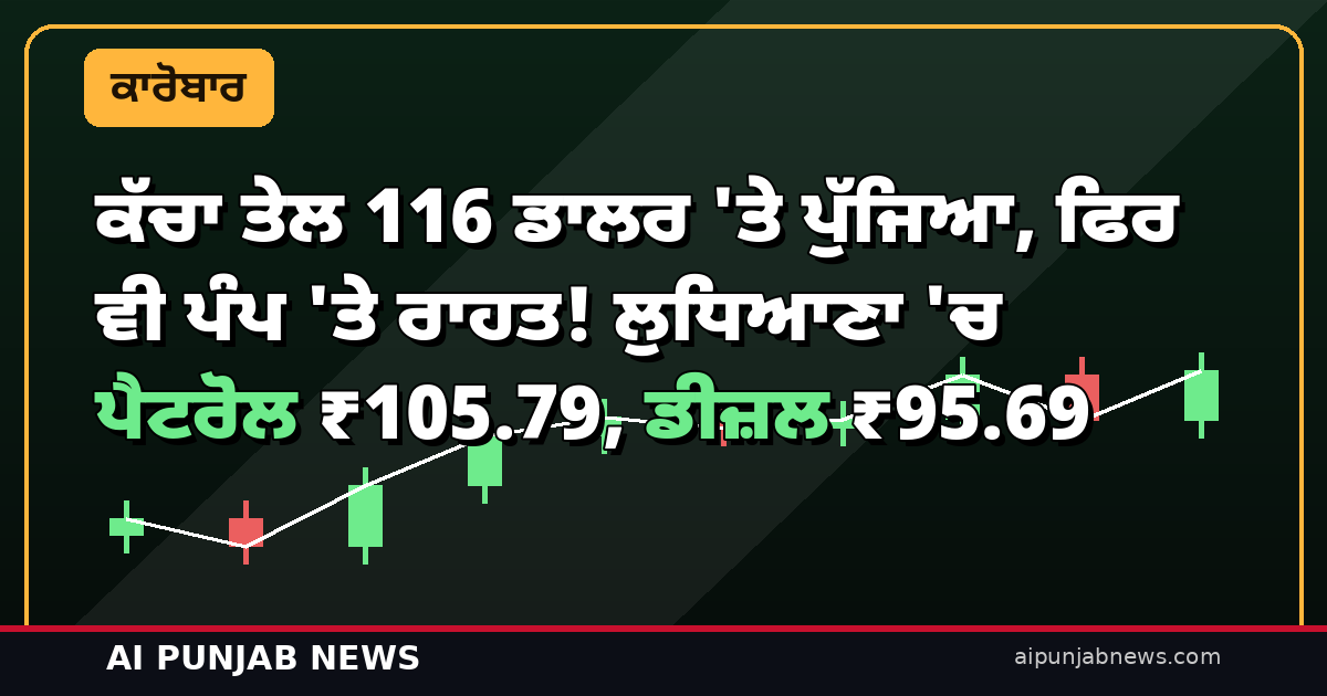 ਕੱਚਾ ਤੇਲ 116 ਡਾਲਰ ‘ਤੇ ਪੁੱਜਿਆ, ਫਿਰ ਵੀ ਪੰਪ ‘ਤੇ ਰਾਹਤ! ਲੁਧਿਆਣਾ ‘ਚ ਪੈਟਰੋਲ ₹105.79, ਡੀਜ਼ਲ ₹95.69