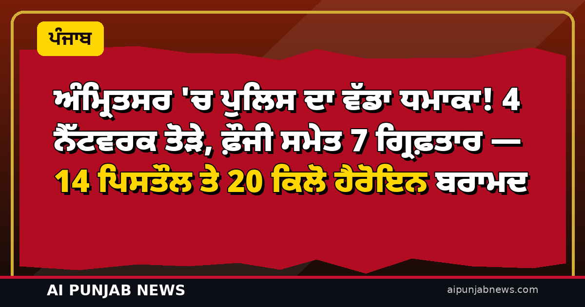 ਅੰਮ੍ਰਿਤਸਰ ‘ਚ ਪੁਲਿਸ ਦਾ ਵੱਡਾ ਧਮਾਕਾ! 4 ਨੈੱਟਵਰਕ ਤੋੜੇ, ਫ਼ੌਜੀ ਸਮੇਤ 7 ਗ੍ਰਿਫ਼ਤਾਰ — 14 ਪਿਸਤੌਲ ਤੇ 20 ਕਿਲੋ ਹੈਰੋਇਨ ਬਰਾਮਦ