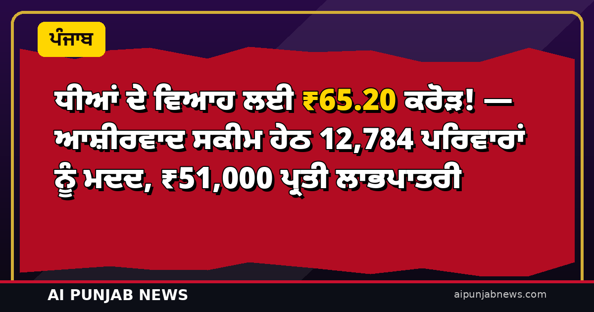 ਧੀਆਂ ਦੇ ਵਿਆਹ ਲਈ ₹65.20 ਕਰੋੜ! — ਆਸ਼ੀਰਵਾਦ ਸਕੀਮ ਹੇਠ 12,784 ਪਰਿਵਾਰਾਂ ਨੂੰ ਮਦਦ, ₹51,000 ਪ੍ਰਤੀ ਲਾਭਪਾਤਰੀ