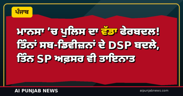 ਮਾਨਸਾ ’ਚ ਪੁਲਿਸ ਦਾ ਵੱਡਾ ਫੇਰਬਦਲ! ਤਿੰਨਾਂ ਸਬ-ਡਿਵੀਜ਼ਨਾਂ ਦੇ DSP ਬਦਲੇ, ਤਿੰਨ SP ਅਫ਼ਸਰ ਵੀ ਤਾਇਨਾਤ