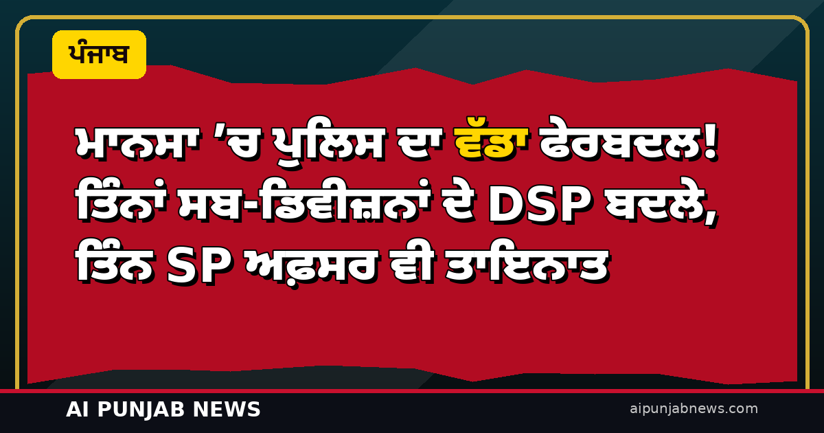 ਮਾਨਸਾ ’ਚ ਪੁਲਿਸ ਦਾ ਵੱਡਾ ਫੇਰਬਦਲ! ਤਿੰਨਾਂ ਸਬ-ਡਿਵੀਜ਼ਨਾਂ ਦੇ DSP ਬਦਲੇ, ਤਿੰਨ SP ਅਫ਼ਸਰ ਵੀ ਤਾਇਨਾਤ