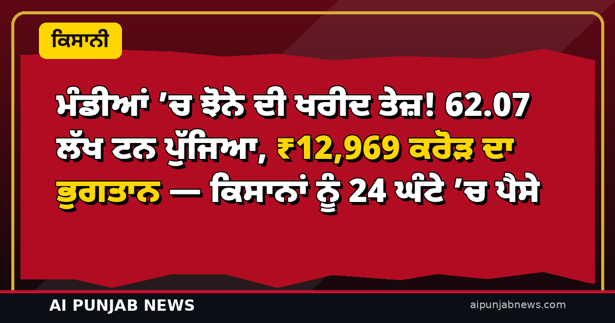 ਮੰਡੀਆਂ ’ਚ ਝੋਨੇ ਦੀ ਖਰੀਦ ਤੇਜ਼! 62.07 ਲੱਖ ਟਨ ਪੁੱਜਿਆ, ₹12,969 ਕਰੋੜ ਦਾ ਭੁਗਤਾਨ — ਕਿਸਾਨਾਂ ਨੂੰ 24 ਘੰਟੇ ’ਚ ਪੈਸੇ