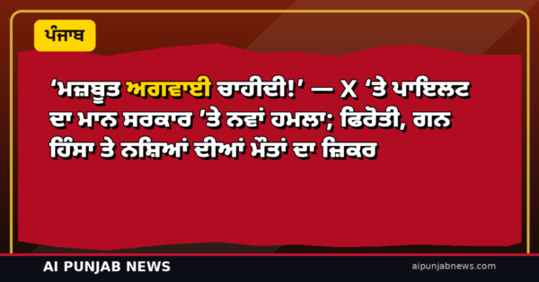 ‘ਮਜ਼ਬੂਤ ਅਗਵਾਈ ਚਾਹੀਦੀ!’ — X ‘ਤੇ ਪਾਇਲਟ ਦਾ ਮਾਨ ਸਰਕਾਰ ’ਤੇ ਨਵਾਂ ਹਮਲਾ; ਫਿਰੋਤੀ, ਗਨ ਹਿੰਸਾ ਤੇ ਨਸ਼ਿਆਂ ਦੀਆਂ ਮੌਤਾਂ ਦਾ ਜ਼ਿਕਰ