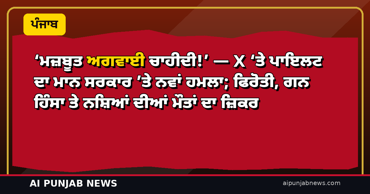 ‘ਮਜ਼ਬੂਤ ਅਗਵਾਈ ਚਾਹੀਦੀ!’ — X ‘ਤੇ ਪਾਇਲਟ ਦਾ ਮਾਨ ਸਰਕਾਰ ’ਤੇ ਨਵਾਂ ਹਮਲਾ; ਫਿਰੋਤੀ, ਗਨ ਹਿੰਸਾ ਤੇ ਨਸ਼ਿਆਂ ਦੀਆਂ ਮੌਤਾਂ ਦਾ ਜ਼ਿਕਰ