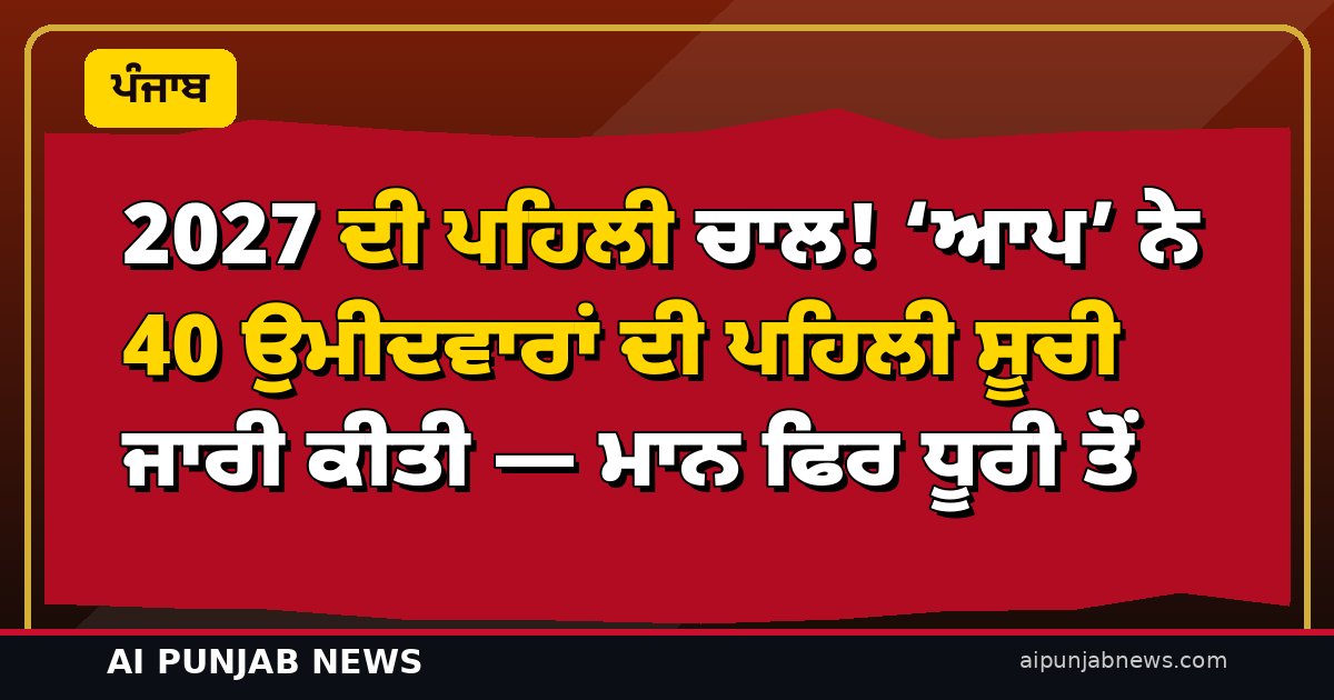 2027 ਦੀ ਪਹਿਲੀ ਚਾਲ! ‘ਆਪ’ ਨੇ 40 ਉਮੀਦਵਾਰਾਂ ਦੀ ਪਹਿਲੀ ਸੂਚੀ ਜਾਰੀ ਕੀਤੀ — ਮਾਨ ਫਿਰ ਧੂਰੀ ਤੋਂ