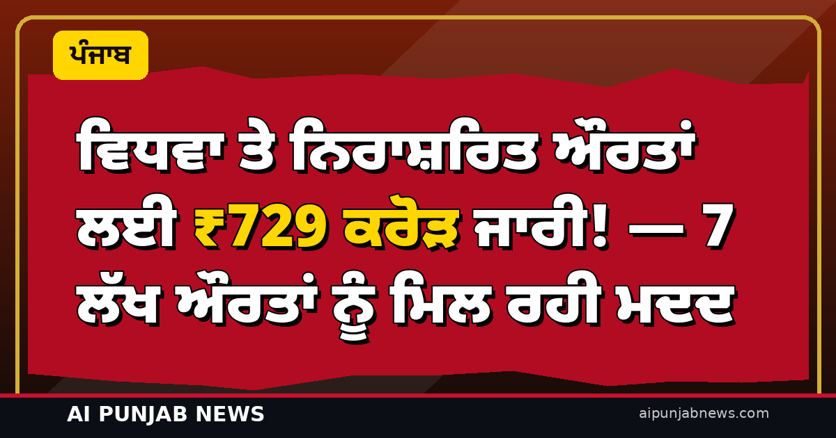 ਵਿਧਵਾ ਤੇ ਨਿਰਾਸ਼ਰਿਤ ਔਰਤਾਂ ਲਈ ₹729 ਕਰੋੜ ਜਾਰੀ! — 7 ਲੱਖ ਔਰਤਾਂ ਨੂੰ ਮਿਲ ਰਹੀ ਮਦਦ