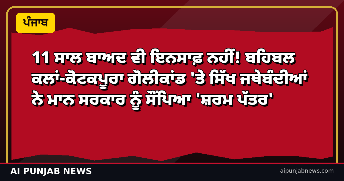11 ਸਾਲ ਬਾਅਦ ਵੀ ਇਨਸਾਫ਼ ਨਹੀਂ! ਬਹਿਬਲ ਕਲਾਂ-ਕੋਟਕਪੂਰਾ ਗੋਲੀਕਾਂਡ 'ਤੇ ਸਿੱਖ ਜਥੇਬੰਦੀਆਂ ਨੇ ਮਾਨ ਸਰਕਾਰ ਨੂੰ ਸੌਂਪਿਆ 'ਸ਼ਰਮ ਪੱਤਰ'