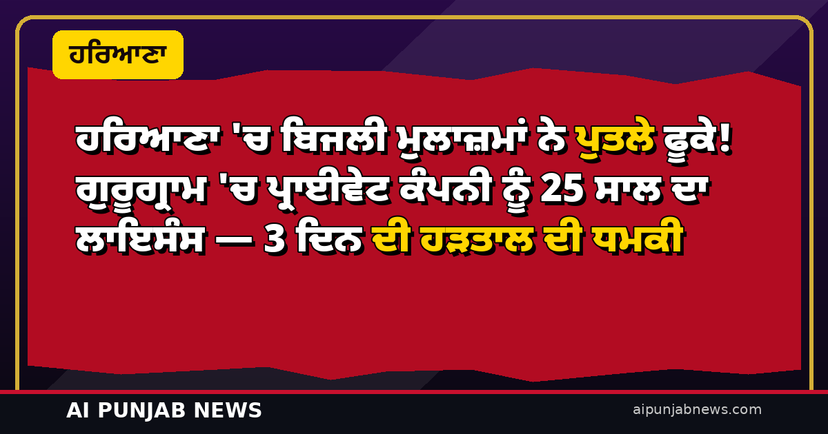 ਹਰਿਆਣਾ ‘ਚ ਬਿਜਲੀ ਮੁਲਾਜ਼ਮਾਂ ਨੇ ਪੁਤਲੇ ਫੂਕੇ! ਗੁਰੂਗ੍ਰਾਮ ‘ਚ ਪ੍ਰਾਈਵੇਟ ਕੰਪਨੀ ਨੂੰ 25 ਸਾਲ ਦਾ ਲਾਇਸੰਸ — 3 ਦਿਨ ਦੀ ਹੜਤਾਲ ਦੀ ਧਮਕੀ