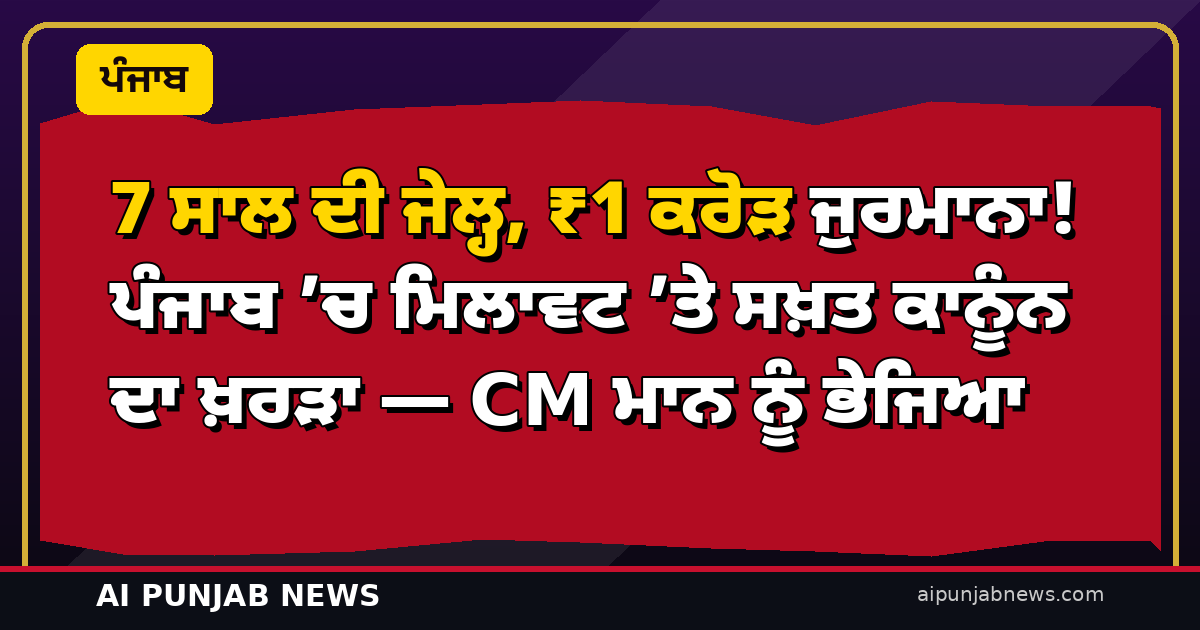 7 ਸਾਲ ਦੀ ਜੇਲ੍ਹ, ₹1 ਕਰੋੜ ਜੁਰਮਾਨਾ! ਪੰਜਾਬ ’ਚ ਮਿਲਾਵਟ ’ਤੇ ਸਖ਼ਤ ਕਾਨੂੰਨ ਦਾ ਖ਼ਰੜਾ — CM ਮਾਨ ਨੂੰ ਭੇਜਿਆ