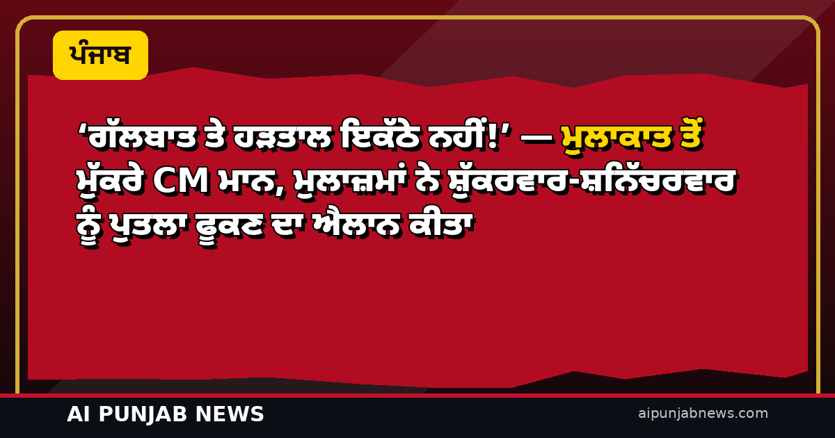 ‘ਗੱਲਬਾਤ ਤੇ ਹੜਤਾਲ ਇਕੱਠੇ ਨਹੀਂ!’ — ਮੁਲਾਕਾਤ ਤੋਂ ਮੁੱਕਰੇ CM ਮਾਨ, ਮੁਲਾਜ਼ਮਾਂ ਨੇ ਸ਼ੁੱਕਰਵਾਰ-ਸ਼ਨਿੱਚਰਵਾਰ ਨੂੰ ਪੁਤਲਾ ਫੂਕਣ ਦਾ ਐਲਾਨ ਕੀਤਾ