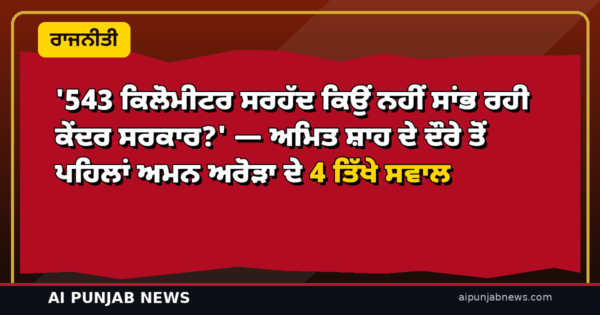 ‘543 ਕਿਲੋਮੀਟਰ ਸਰਹੱਦ ਕਿਉਂ ਨਹੀਂ ਸਾਂਭ ਰਹੀ ਕੇਂਦਰ ਸਰਕਾਰ?’ — ਅਮਿਤ ਸ਼ਾਹ ਦੇ ਦੌਰੇ ਤੋਂ ਪਹਿਲਾਂ ਅਮਨ ਅਰੋੜਾ ਦੇ 4 ਤਿੱਖੇ ਸਵਾਲ