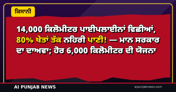 14,000 ਕਿਲੋਮੀਟਰ ਪਾਈਪਲਾਈਨਾਂ ਵਿਛੀਆਂ, 80% ਖੇਤਾਂ ਤੱਕ ਨਹਿਰੀ ਪਾਣੀ! — ਮਾਨ ਸਰਕਾਰ ਦਾ ਦਾਅਵਾ; ਹੋਰ 6,000 ਕਿਲੋਮੀਟਰ ਦੀ ਯੋਜਨਾ