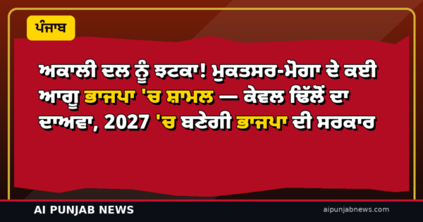 ਅਕਾਲੀ ਦਲ ਨੂੰ ਝਟਕਾ! ਮੁਕਤਸਰ-ਮੋਗਾ ਦੇ ਕਈ ਆਗੂ ਭਾਜਪਾ ‘ਚ ਸ਼ਾਮਲ — ਕੇਵਲ ਢਿੱਲੋਂ ਦਾ ਦਾਅਵਾ, 2027 ‘ਚ ਬਣੇਗੀ ਭਾਜਪਾ ਦੀ ਸਰਕਾਰ