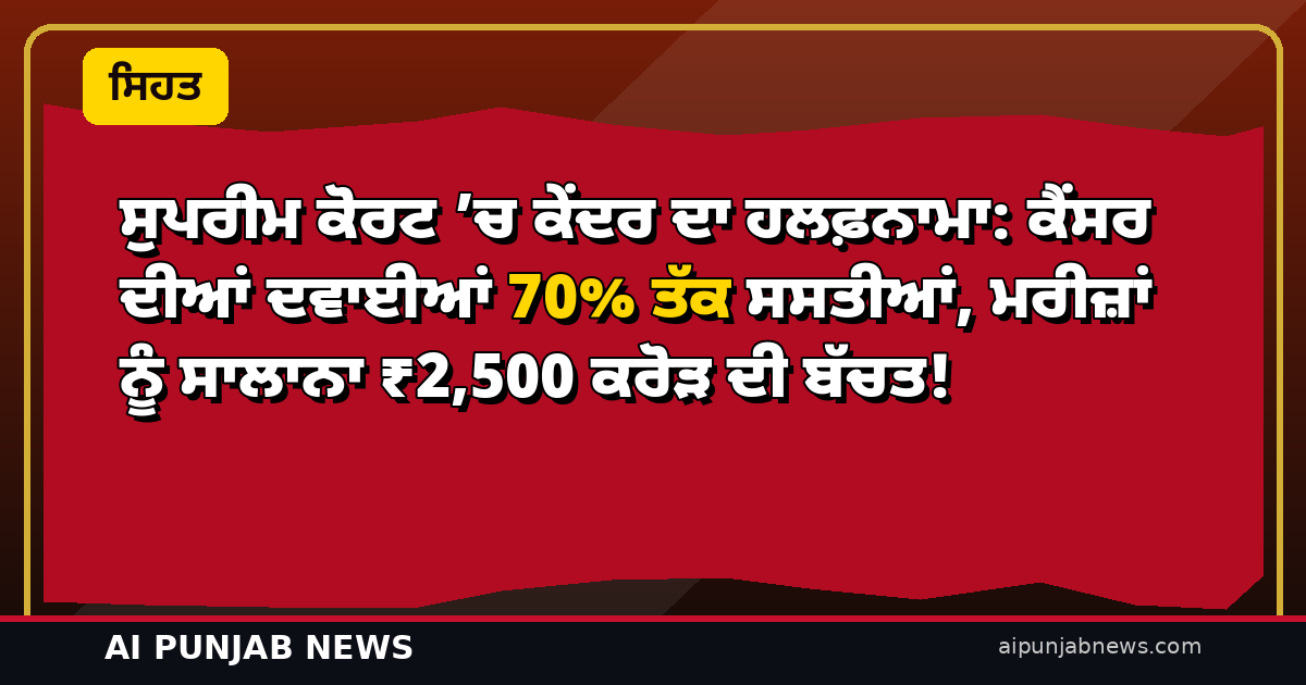 ਸੁਪਰੀਮ ਕੋਰਟ ’ਚ ਕੇਂਦਰ ਦਾ ਹਲਫ਼ਨਾਮਾ: ਕੈਂਸਰ ਦੀਆਂ ਦਵਾਈਆਂ 70% ਤੱਕ ਸਸਤੀਆਂ, ਮਰੀਜ਼ਾਂ ਨੂੰ ਸਾਲਾਨਾ ₹2,500 ਕਰੋੜ ਦੀ ਬੱਚਤ!