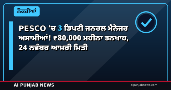 PESCO ’ਚ 3 ਡਿਪਟੀ ਜਨਰਲ ਮੈਨੇਜਰ ਅਸਾਮੀਆਂ! ₹80,000 ਮਹੀਨਾ ਤਨਖਾਹ, 24 ਨਵੰਬਰ ਆਖ਼ਰੀ ਮਿਤੀ