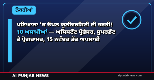 ਪਟਿਆਲਾ ’ਚ ਓਪਨ ਯੂਨੀਵਰਸਿਟੀ ਦੀ ਭਰਤੀ! 10 ਅਸਾਮੀਆਂ — ਅਸਿਸਟੈਂਟ ਪ੍ਰੋਫ਼ੈਸਰ, ਸੁਪਰਡੈਂਟ ਤੇ ਪ੍ਰੋਗਰਾਮਰ, 15 ਨਵੰਬਰ ਤੱਕ ਅਪਲਾਈ