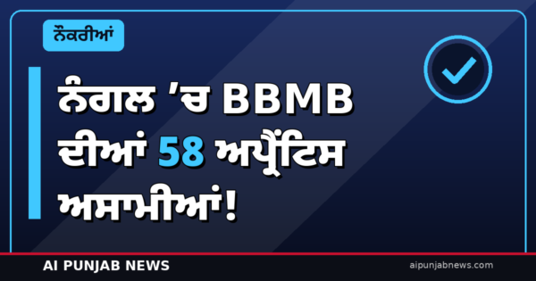 ਨੰਗਲ ’ਚ BBMB ਦੀਆਂ 58 ਅਪ੍ਰੈਂਟਿਸ ਅਸਾਮੀਆਂ! 1 ਨਵੰਬਰ ਤੋਂ ਅਪਲਾਈ, 30 ਨਵੰਬਰ ਆਖਰੀ ਮਿਤੀ