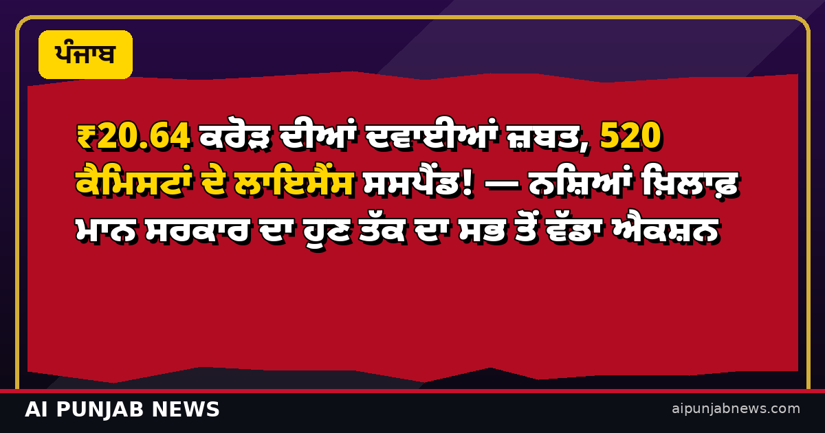 ₹20.64 ਕਰੋੜ ਦੀਆਂ ਦਵਾਈਆਂ ਜ਼ਬਤ, 520 ਕੈਮਿਸਟਾਂ ਦੇ ਲਾਇਸੈਂਸ ਸਸਪੈਂਡ
