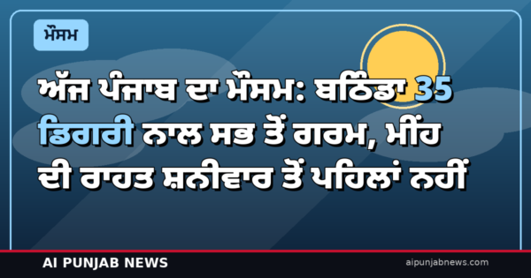 ਅੱਜ ਪੰਜਾਬ ਦਾ ਮੌਸਮ: ਬਠਿੰਡਾ 35 ਡਿਗਰੀ ਨਾਲ ਸਭ ਤੋਂ ਗਰਮ, ਸਵੇਰੇ ਧੁੰਧ ਦਾ ਪ੍ਰਕੋਪ — ਮੀਂਹ ਦੀ ਰਾਹਤ ਸ਼ਨੀਵਾਰ ਤੋਂ ਪਹਿਲਾਂ ਨਹੀਂ