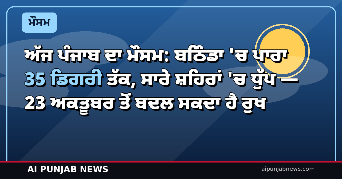 ਅੱਜ ਪੰਜਾਬ ਦਾ ਮੌਸਮ: ਬਠਿੰਡਾ ‘ਚ ਪਾਰਾ 35 ਡਿਗਰੀ ਤੱਕ, ਸਾਰੇ ਸ਼ਹਿਰਾਂ ‘ਚ ਧੁੱਪ — 23 ਅਕਤੂਬਰ ਤੋਂ ਬਦਲ ਸਕਦਾ ਹੈ ਰੁਖ
