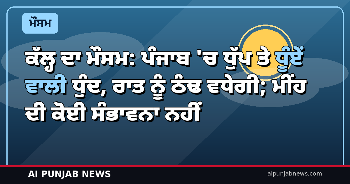 ਕੱਲ੍ਹ ਦਾ ਮੌਸਮ: ਪੰਜਾਬ ‘ਚ ਧੁੱਪ ਤੇ ਧੂੰਏਂ ਵਾਲੀ ਧੁੰਦ, ਰਾਤ ਨੂੰ ਠੰਢ ਵਧੇਗੀ; ਮੀਂਹ ਦੀ ਕੋਈ ਸੰਭਾਵਨਾ ਨਹੀਂ