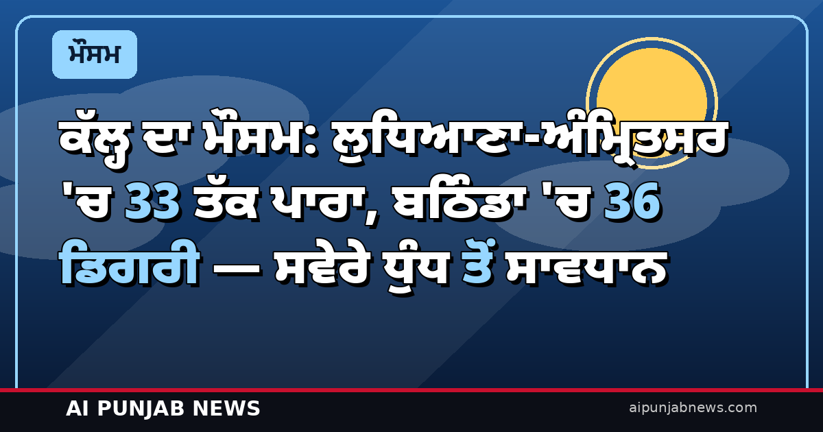 ਕੱਲ੍ਹ ਦਾ ਮੌਸਮ: ਲੁਧਿਆਣਾ-ਅੰਮ੍ਰਿਤਸਰ ‘ਚ 33 ਤੱਕ ਪਾਰਾ, ਬਠਿੰਡਾ ‘ਚ 36 ਡਿਗਰੀ — ਸਵੇਰੇ ਧੁੰਧ ਤੋਂ ਸਾਵਧਾਨ